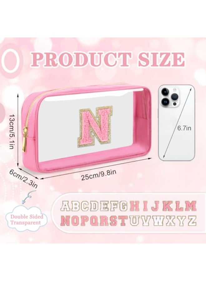 Iqimott Small Clear Personalized Initial Makeup BagNylon Preppy AZ Chenille Letter Patch Cosmetic Pouch Beach Toiletry BagWaterproof Zipper Travel Purse Storage Bag Organizer for Women GirlsPinkPink N - Image 3