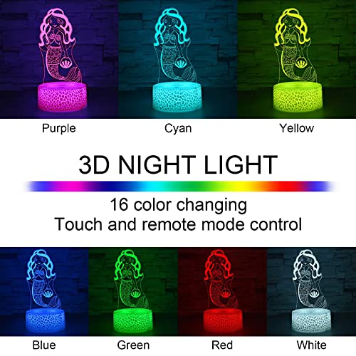 i-CHONY Mermaid Gifts Night Light for Girls,3D Illusion Lamp with Remote & Smart Touch 16 Colors Dimmable Bedroom Decorations Bedside Lamp,Mermaid Toys for Kids Girls Teens Birthday Gift - Image 2