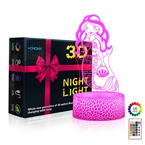 i-CHONY Mermaid Gifts Night Light for Girls,3D Illusion Lamp with Remote & Smart Touch 16 Colors Dimmable Bedroom Decorations Bedside Lamp,Mermaid Toys for Kids Girls Teens Birthday Gift - Image 3