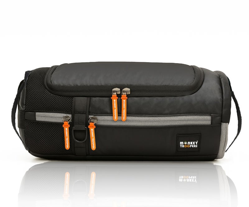 Monkey Troopers Pumpack Duffle Bag for Men & Women, 16L Water-Resistant Polyester Gym Bag with Shoe Compartment, Interior Organizer, Outer Pockets, Detachable Shoulder Strap, Black - Image 1