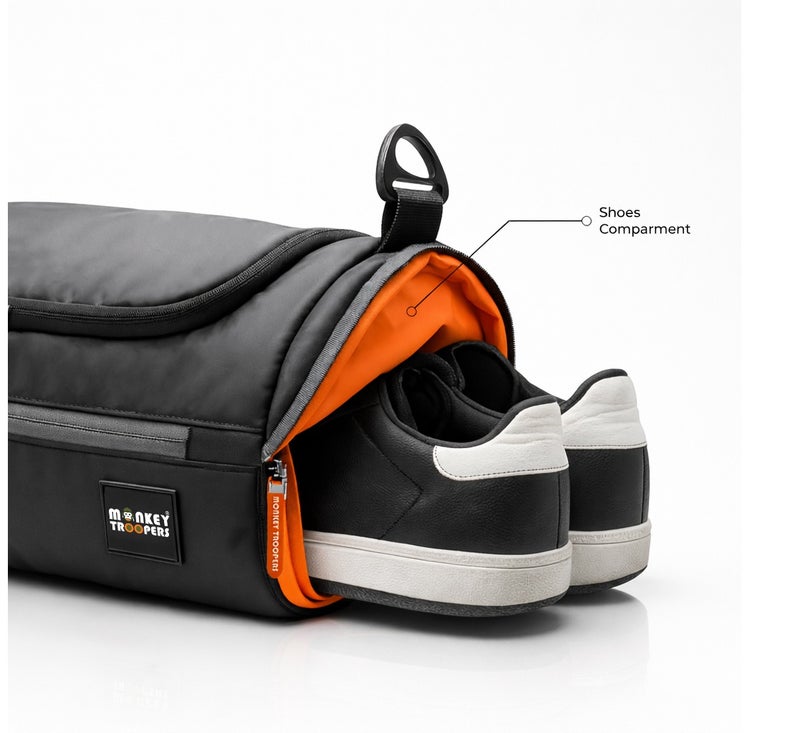 Monkey Troopers Pumpack Duffle Bag for Men & Women, 16L Water-Resistant Polyester Gym Bag with Shoe Compartment, Interior Organizer, Outer Pockets, Detachable Shoulder Strap, Black - Image 2