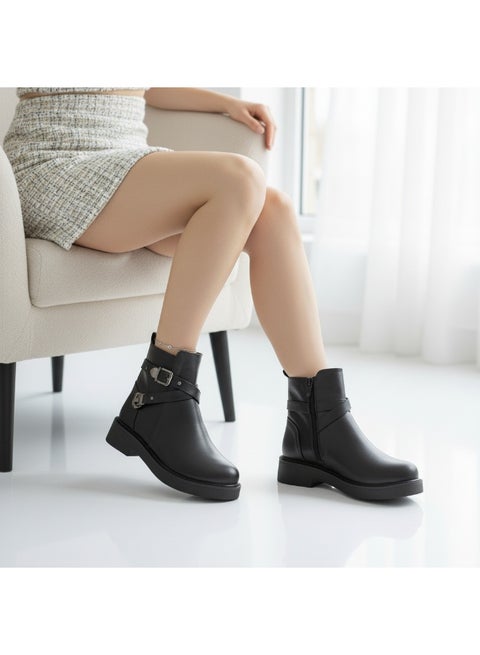 حذاء كاحل جلد مع اكسسوارات مريح G-63 - أسود