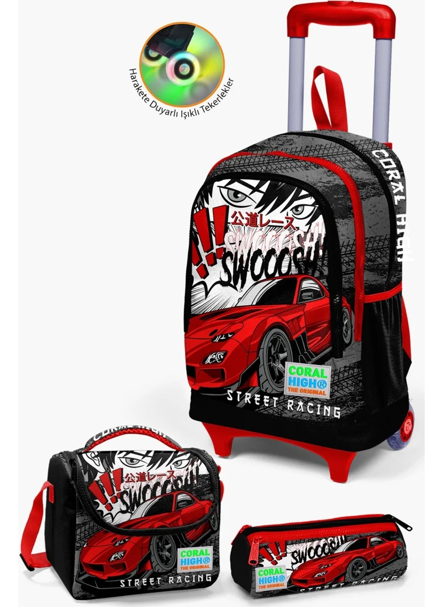 CORAL HIGH Kids Black Red Anime Car Patterned Trolley 3-Piece Bag Set SET0123947