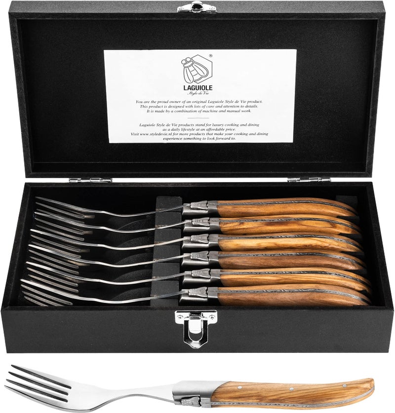 Laguiole Style de Vie Forks, Luxury Line, 6 pieces, Olive Wood, in giftbox - Image 1