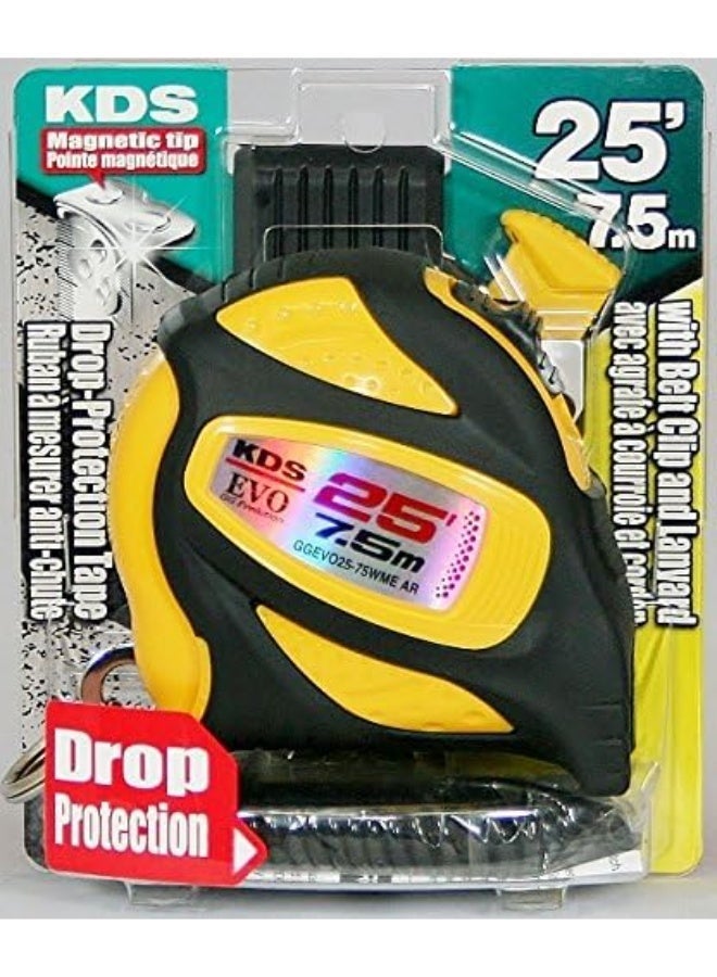 KDS GGEVO25-75WME AR BP GoodGrip Safety Measuring Tape 25ft / 7.5m with Drop Protection, Magnetic Tip & Belt Clip – Yellow/Black - Image 1