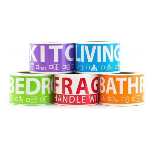 Tapes n More 250 Home Moving Labels for 1 Bedroom — 5 Color-Coded Room Labels (50 Each) + Fragile Stickers for Moving Boxes, Supplies, Wardrobe Boxes, Apartment Moves - Image 1