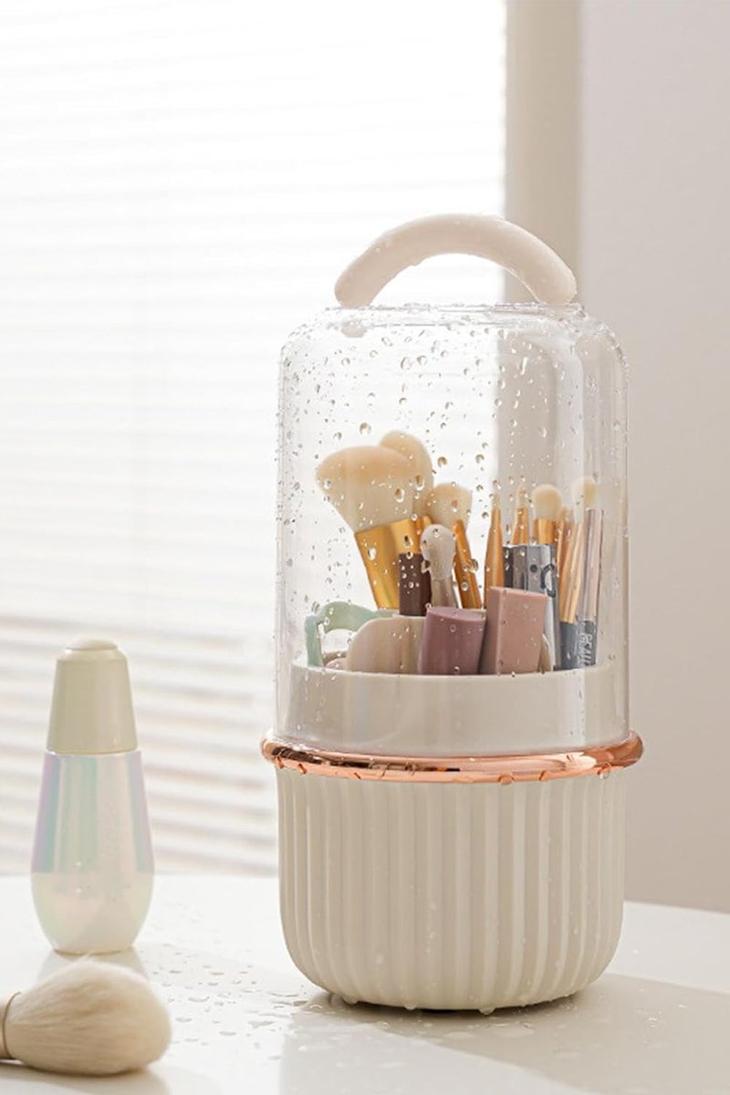 كيمايا حامل فرش مكياج دوار مع غطاء - منظم مكياج مقاوم للغبار لمستحضرات التجميل والفرش، صندوق تخزين مكياج يدور 360 درجة (وردي لؤلؤي) - Image 1