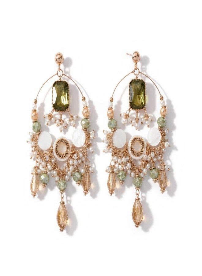 SANJOYA by EVERSTYLISH Embroidered Earrings for Women | Statement Golden & Green Dangler Earrings with Pearl & Bead Accents | Ethnic Jewelry for Weddings, Festivals & Special Occasions - Image 1