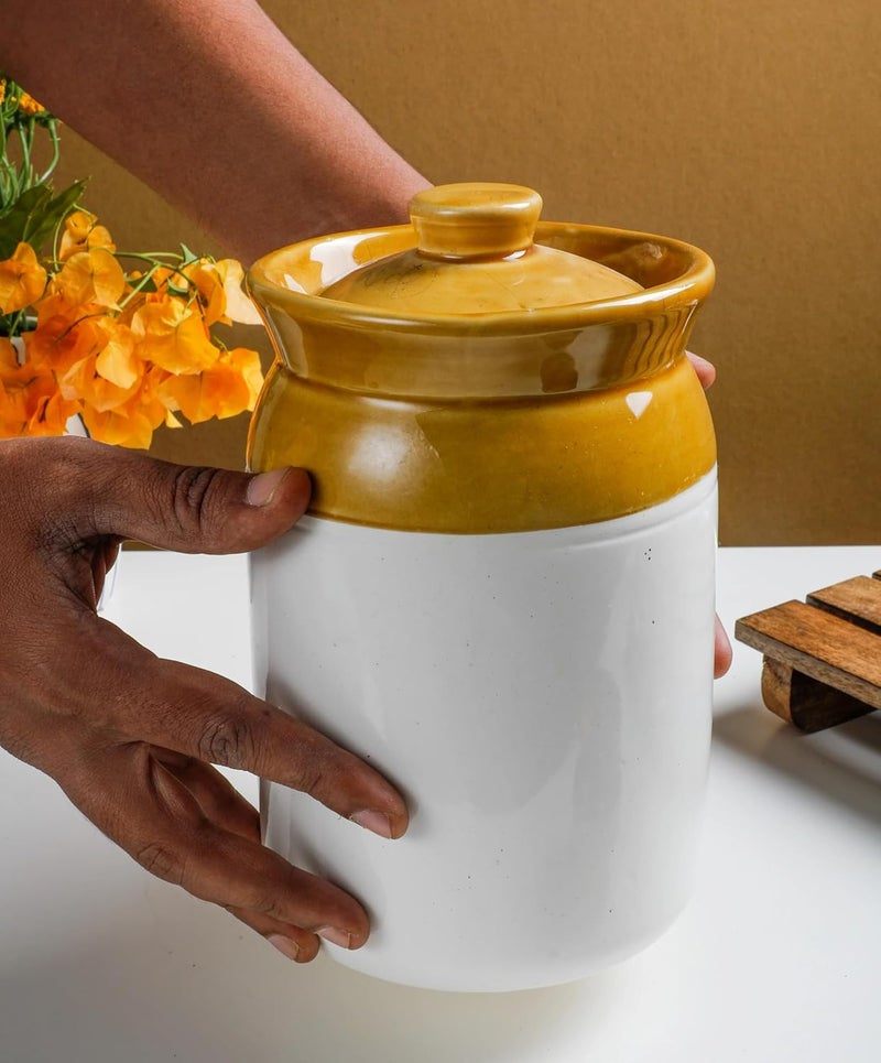 Mkd2 Rise Mkd2 Rise Clay Used Pottery Hand Painted Ceramic Pickle Jars 2kg Cream Set of 2 pcs Cornichon Storage Jar for Spices Masala Achar Pickles - Image 4