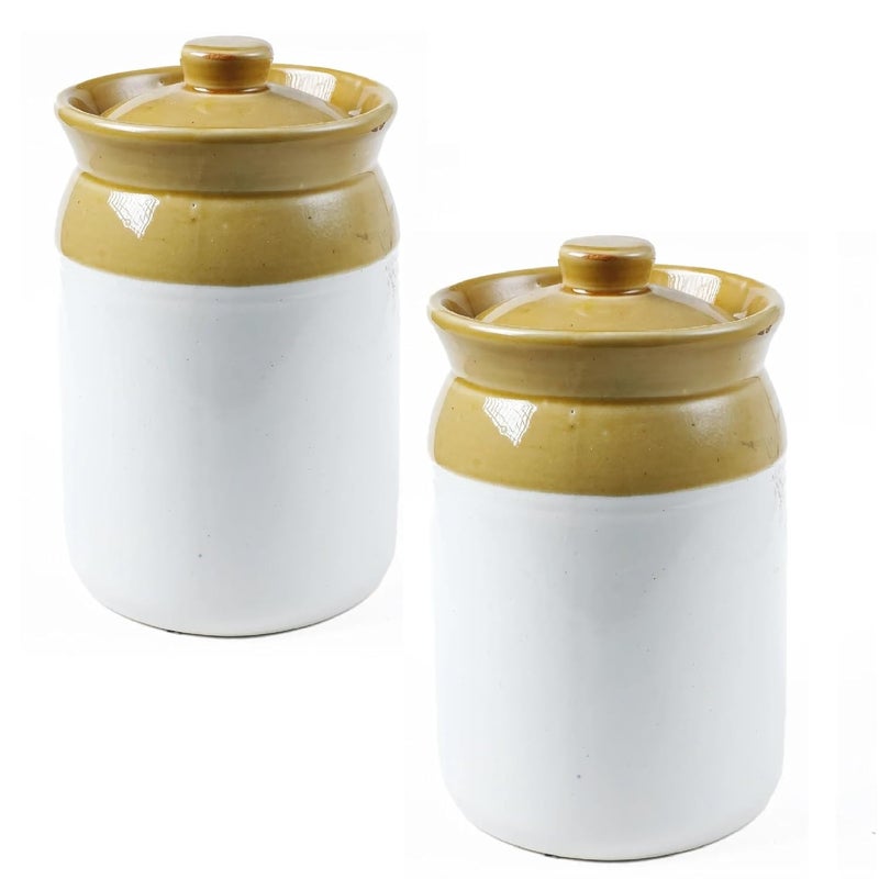 Mkd2 Rise Mkd2 Rise Clay Used Pottery Hand Painted Ceramic Pickle Jars 2kg Cream Set of 2 pcs Cornichon Storage Jar for Spices Masala Achar Pickles - Image 1