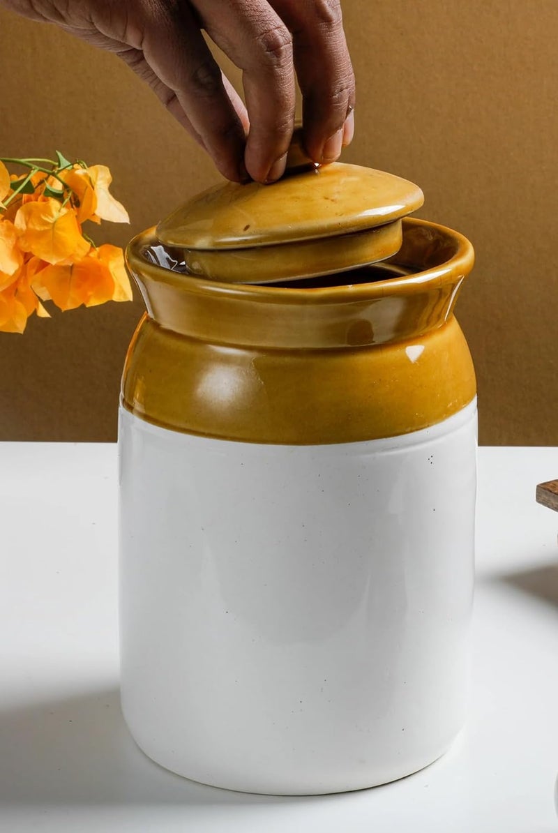Mkd2 Rise Mkd2 Rise Clay Used Pottery Hand Painted Ceramic Pickle Jars 2kg Cream Set of 2 pcs Cornichon Storage Jar for Spices Masala Achar Pickles - Image 3