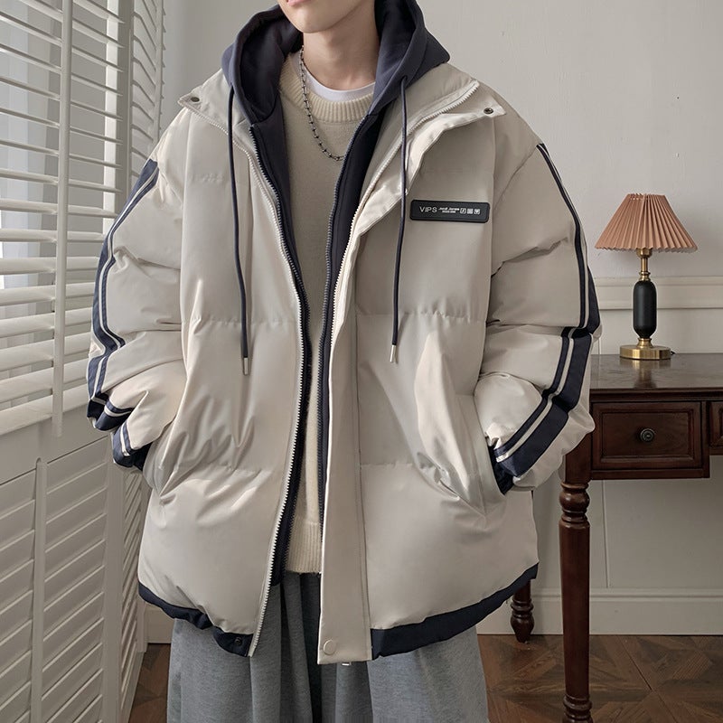 American Style Two-Piece Illusion Cotton-Padded Jacket Blazer For Men Autumn Winter 2024 New Teenage School Campus Style Color B Off-white 