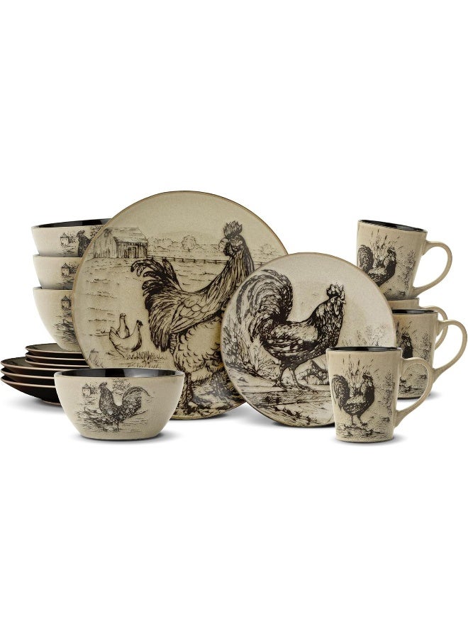 Pfaltzgraff Homespun Rooster 16-Piece Dinnerware Set Service for 4 Brown - Image 1