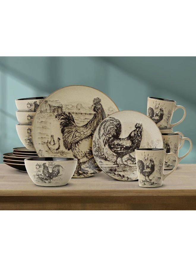 Pfaltzgraff Homespun Rooster 16-Piece Dinnerware Set Service for 4 Brown - Image 3