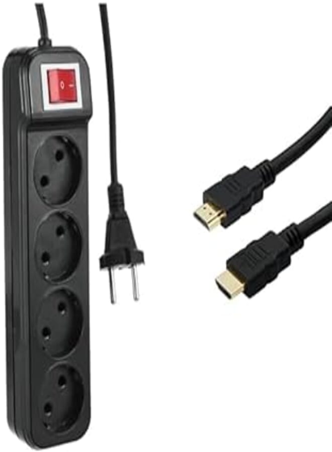 TV Essential Bundle (Zero z20 power strip joint 4 sockets with power button - black, 1.5m + Keendex kx 2513 high-speed digital video with audio hdmi cable 4k, 5 meters - black, Ethernet) 