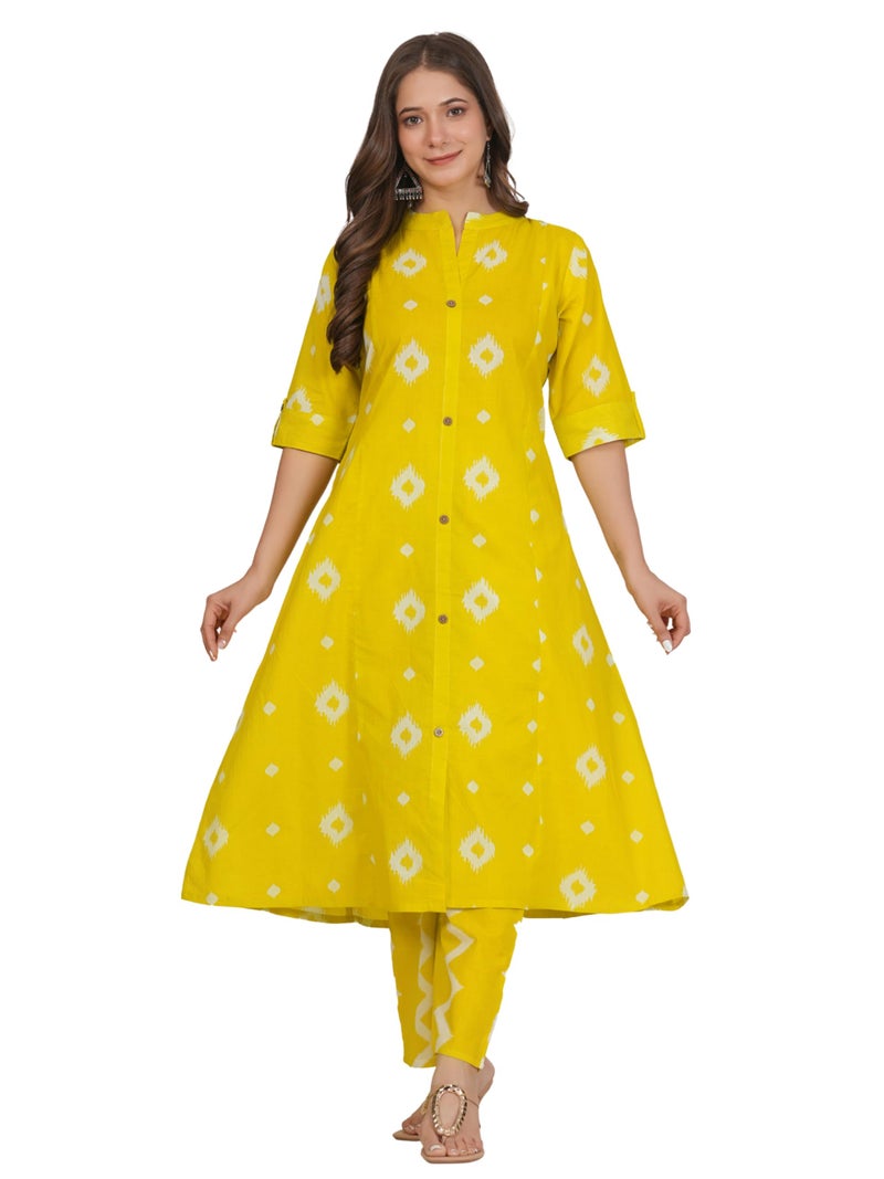 rytras Women's Pure Cotton Printed Ethnic Wear A-Line Kurta Set with Palazzo Pants(RYT664,Yellow,S) - Image 1