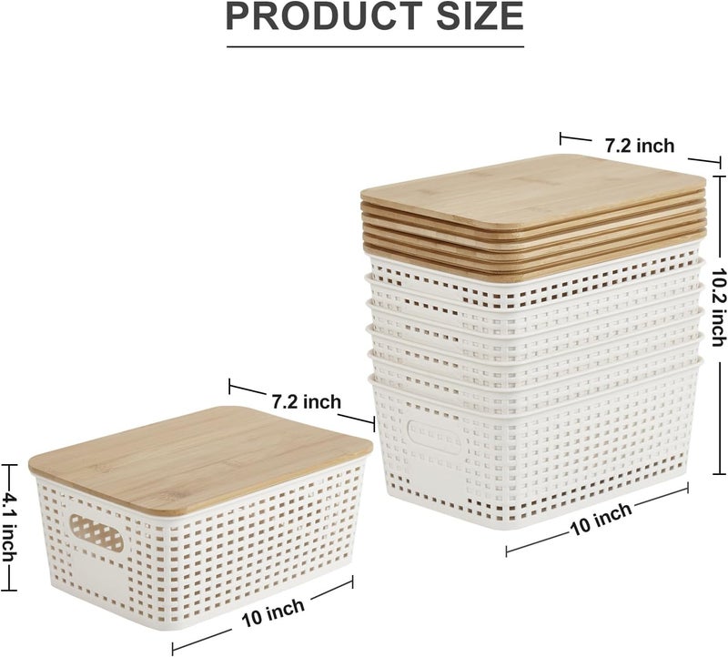 Bagnizer Small Plastic Storage Bins with Bamboo Lids 5.2qt Stackable Box Basket Pantry Decorative Containers Cute with Lable for Organizing Desktop Closet Office Cream White of 6 packs 10*7.2*4.1'’ - Image 2