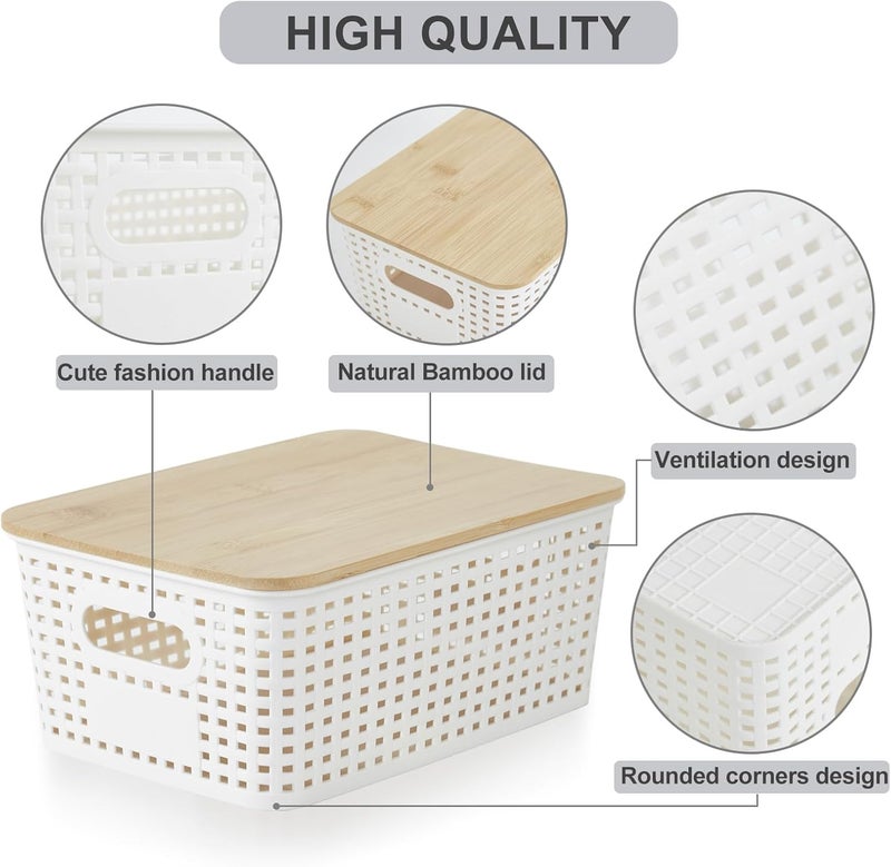 Bagnizer Small Plastic Storage Bins with Bamboo Lids 5.2qt Stackable Box Basket Pantry Decorative Containers Cute with Lable for Organizing Desktop Closet Office Cream White of 6 packs 10*7.2*4.1'’ - Image 3