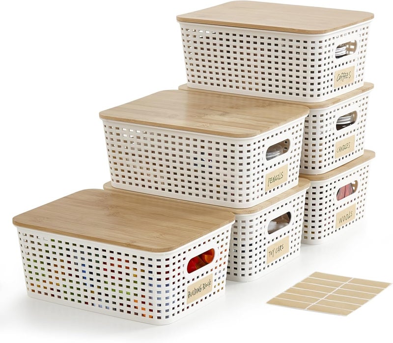 Bagnizer Small Plastic Storage Bins with Bamboo Lids 5.2qt Stackable Box Basket Pantry Decorative Containers Cute with Lable for Organizing Desktop Closet Office Cream White of 6 packs 10*7.2*4.1'’ - Image 1