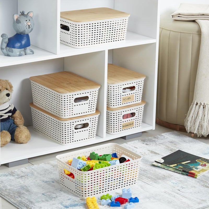 Bagnizer Small Plastic Storage Bins with Bamboo Lids 5.2qt Stackable Box Basket Pantry Decorative Containers Cute with Lable for Organizing Desktop Closet Office Cream White of 6 packs 10*7.2*4.1'’ - Image 4