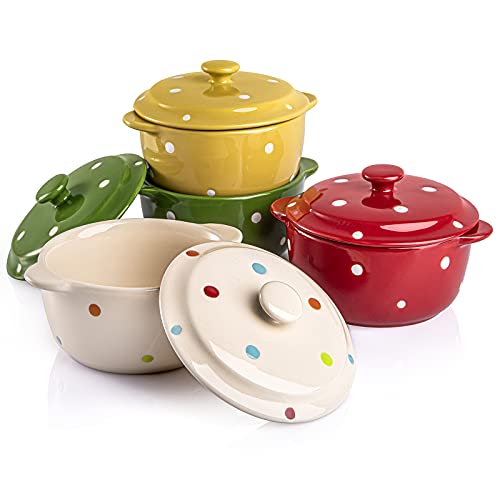 AVLA 4 Pack Porcelain Ramekins 9 OZ Mini Casserole Bowl with Lid and Handle Ceramic Souffle Soup Creme Brulee Bowls Oven Safe Mini Casserole Dish Polka Dot Assorted Color