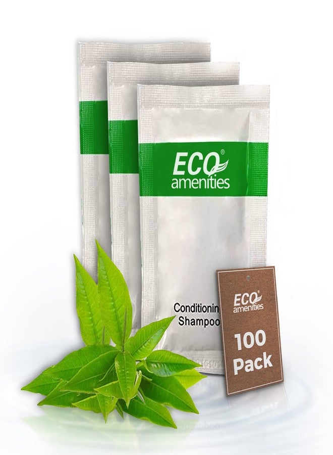 ECO Amenities حقيبة مستحضرات التجميل الفردية المغلفة، حجم السفر شامبو وبلسم 2 في 1 10 مل (100 عبوة) مستحضرات التجميل الصغيرة للفنادق شامبو مرطب 2 في 1 | مستحضرات التجميل بحجم السفر - Image 1