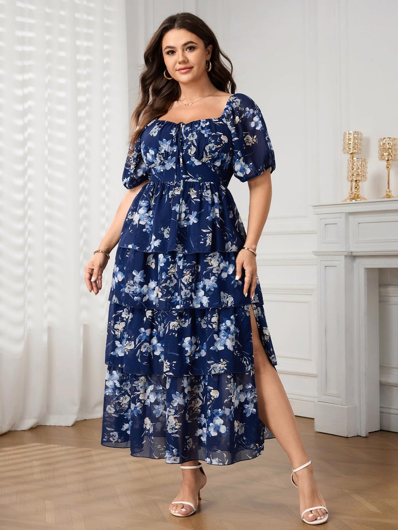 SCOMCHIC Womens Plus Size Maxi Dress Wedding Guest Cocktail Evening Party Elegant Short Sleeve Tiered Split Long Dresses Navy Floral - Image 2