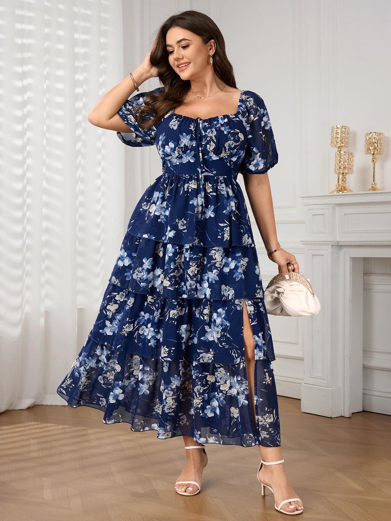 SCOMCHIC Womens Plus Size Maxi Dress Wedding Guest Cocktail Evening Party Elegant Short Sleeve Tiered Split Long Dresses Navy Floral - Image 3
