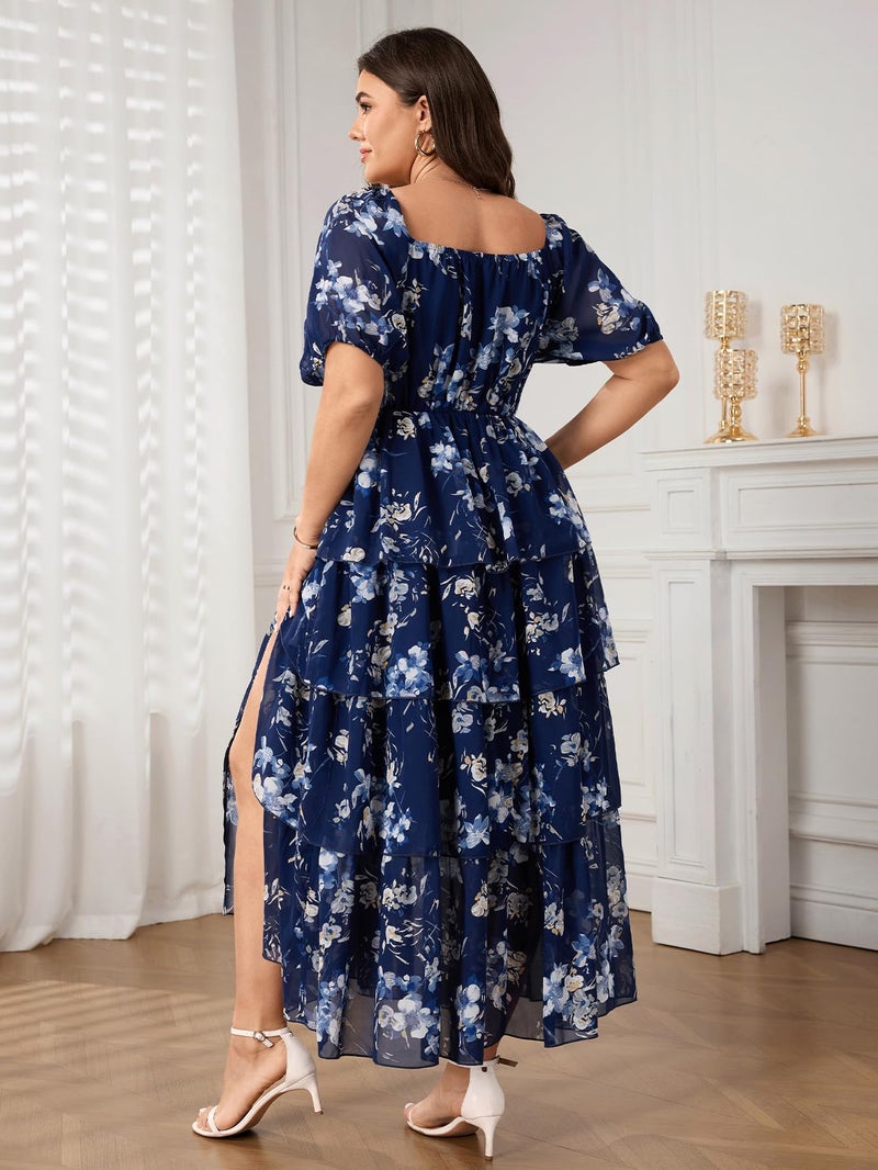 SCOMCHIC Womens Plus Size Maxi Dress Wedding Guest Cocktail Evening Party Elegant Short Sleeve Tiered Split Long Dresses Navy Floral - Image 5