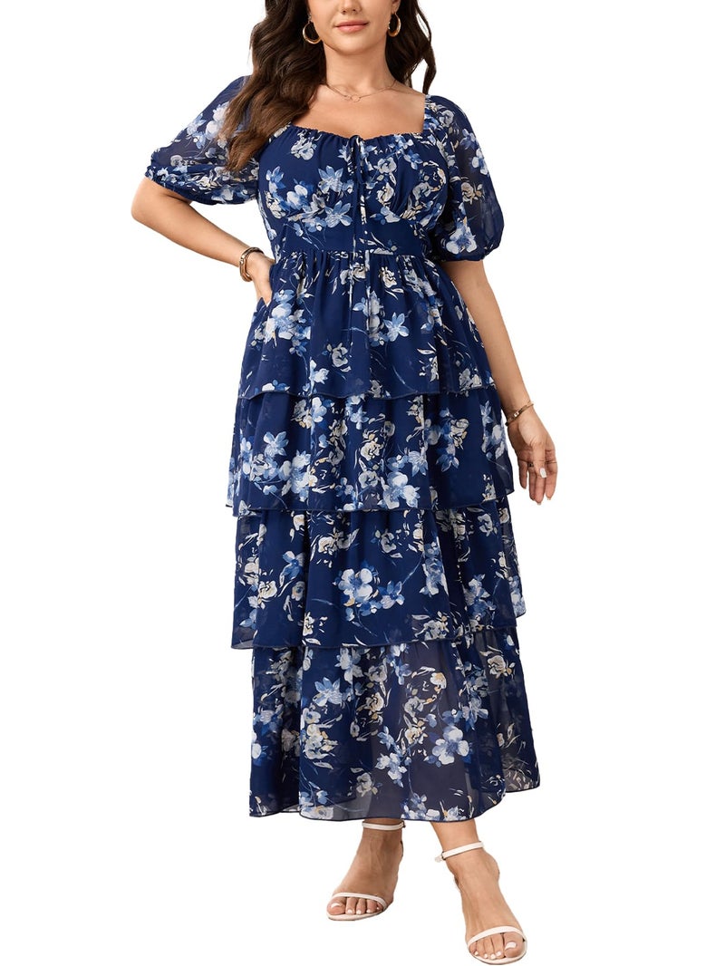 SCOMCHIC Womens Plus Size Maxi Dress Wedding Guest Cocktail Evening Party Elegant Short Sleeve Tiered Split Long Dresses Navy Floral - Image 1