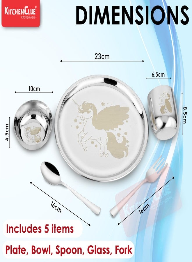 KITCHEN CLUE Stainless Steel Lunch & Dinner Set for Kids - Set of 5 Pcs, 1 Dinner Plate, 1 Veg Bowl, 1 Glass, 1 Spoon & ! Fork - BIS Approved, 304 Grade Steel Kids Thali Set/Dinner Set (Unicorn) - Image 3