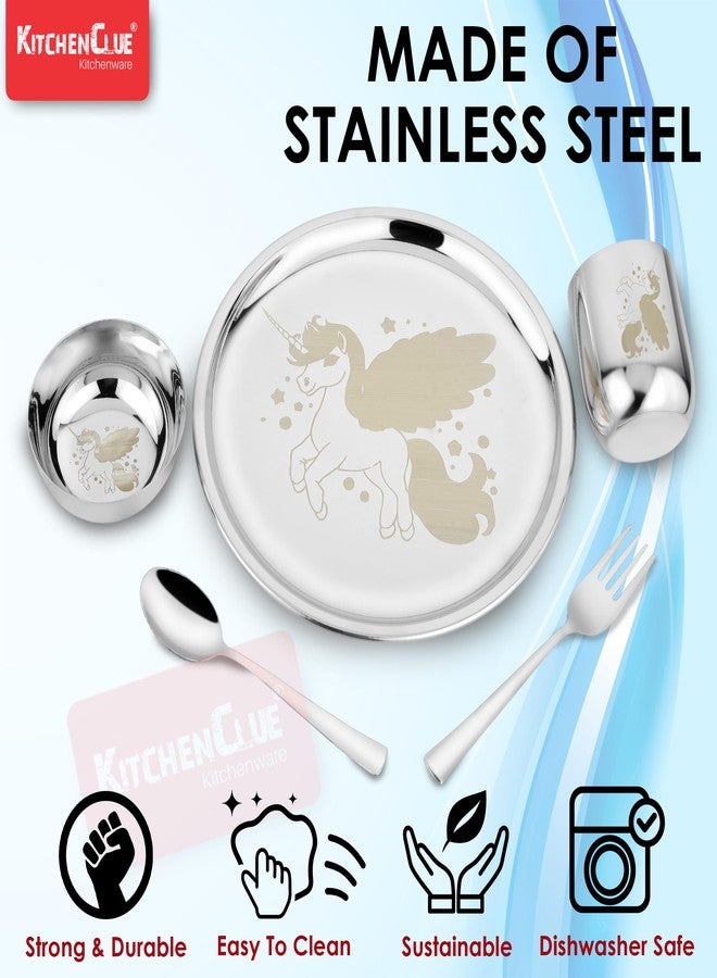 KITCHEN CLUE Stainless Steel Lunch & Dinner Set for Kids - Set of 5 Pcs, 1 Dinner Plate, 1 Veg Bowl, 1 Glass, 1 Spoon & ! Fork - BIS Approved, 304 Grade Steel Kids Thali Set/Dinner Set (Unicorn) - Image 2