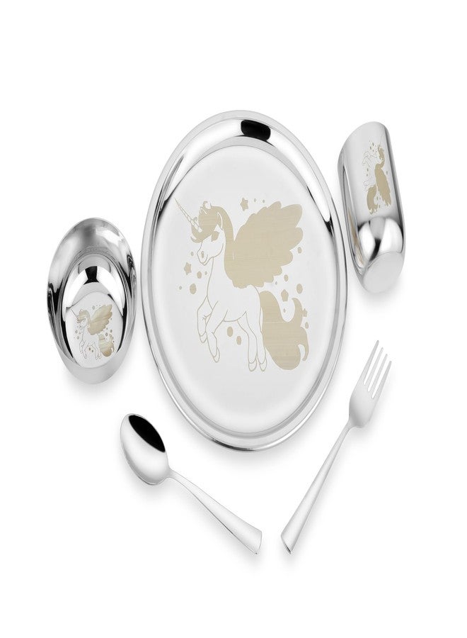 KITCHEN CLUE Stainless Steel Lunch & Dinner Set for Kids - Set of 5 Pcs, 1 Dinner Plate, 1 Veg Bowl, 1 Glass, 1 Spoon & ! Fork - BIS Approved, 304 Grade Steel Kids Thali Set/Dinner Set (Unicorn) - Image 1