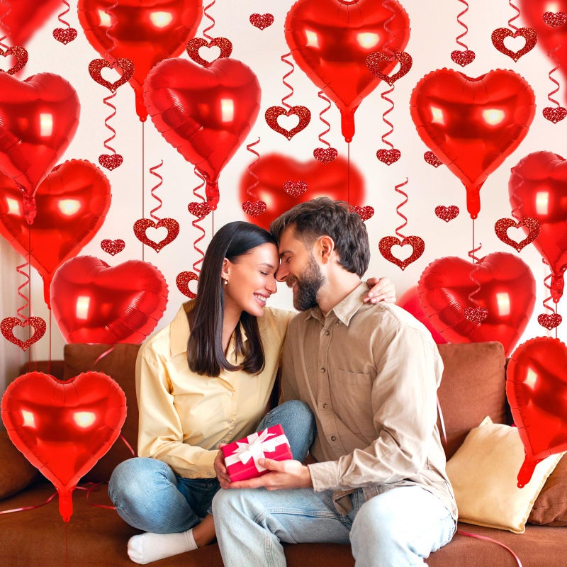 YOTHORN 24 Pcs Red Heart Balloons, 100 Pcs Heart Hanging Streamers, 18 Inch Heart Foil Balloons Valentine's Day Balloon Love Balloon for Valentines Day Proposal Wedding Party Decorations (Red) - Image 3