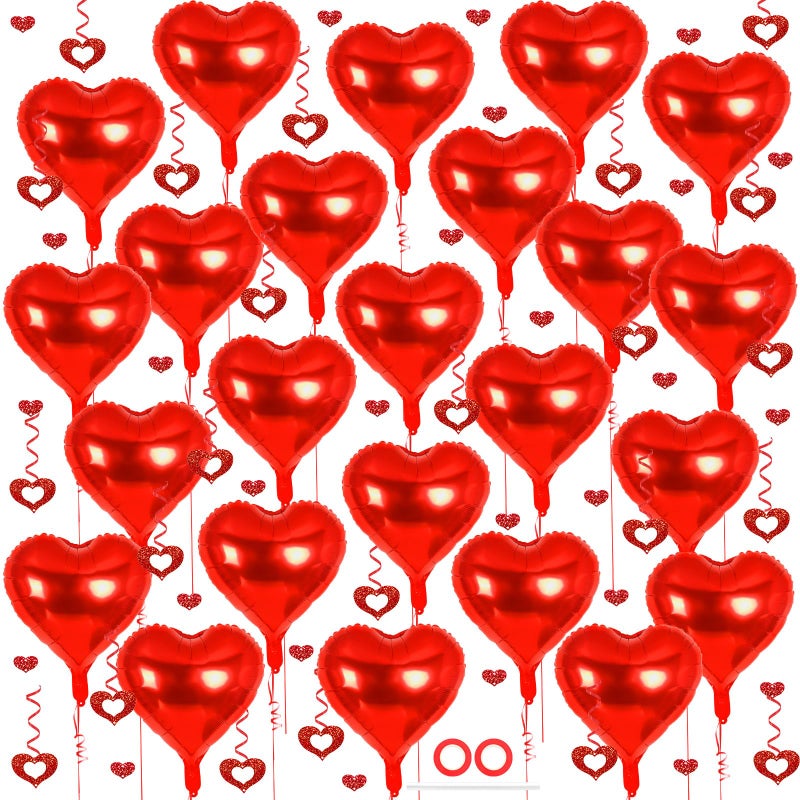 YOTHORN 24 Pcs Red Heart Balloons, 100 Pcs Heart Hanging Streamers, 18 Inch Heart Foil Balloons Valentine's Day Balloon Love Balloon for Valentines Day Proposal Wedding Party Decorations (Red) - Image 1