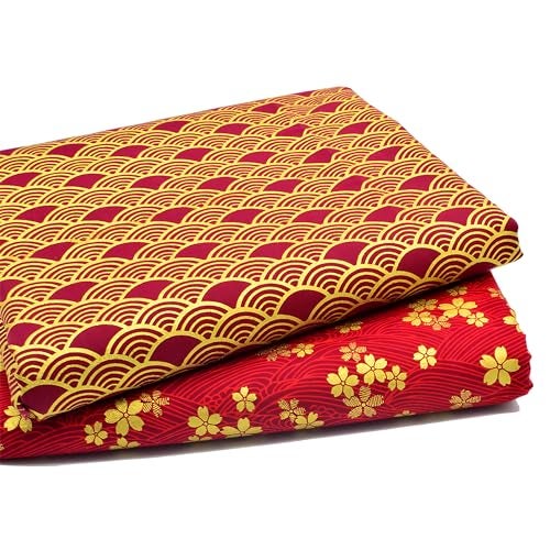 iNee Japanese Sakura Cherry Blossoms Waves Fat Quarters Quilting Fabric Bundles,18x22 inches, (Red) - Image 4