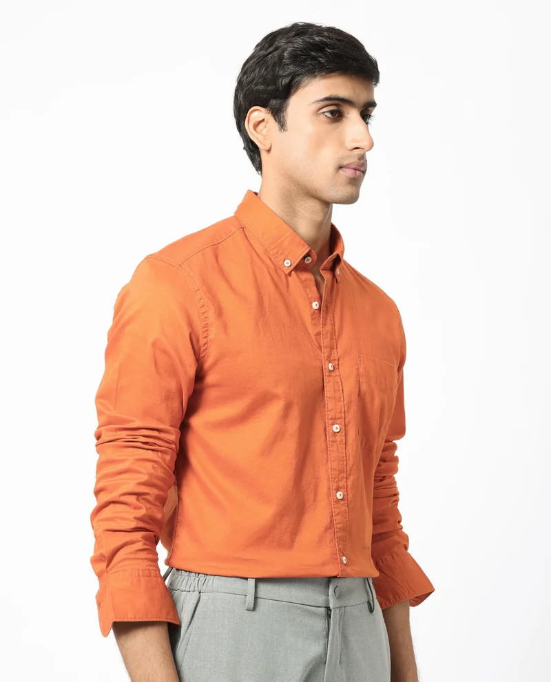 Rare Rabbit Rare Rabbit Men's Auxfo Orange Cotton Fabric Full Sleeves Solid Shirt