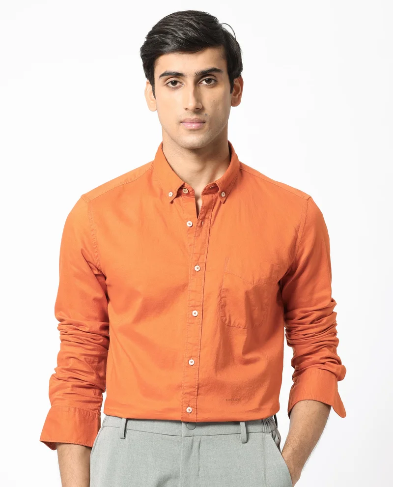 Rare Rabbit Rare Rabbit Men's Auxfo Orange Cotton Fabric Full Sleeves Solid Shirt