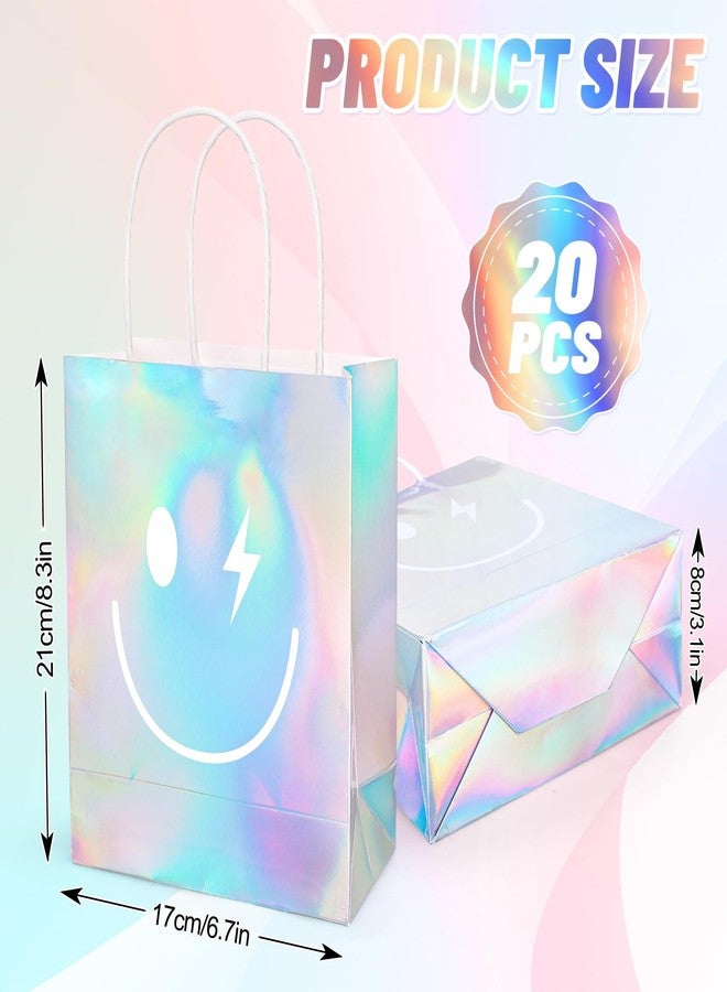FYSUIMU 20 Pcs Iridescent Smile Face Paper Gift Bags Preppy One Happy Dude Party Favor Bags with Handle Holographic Goodie Candy Treat Bag for Birthday Baby Shower Bachelorette - Image 2