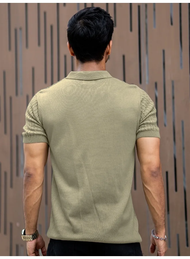 Maniac Mens Light Green Ripple Knit Slim Polo T-Shirt