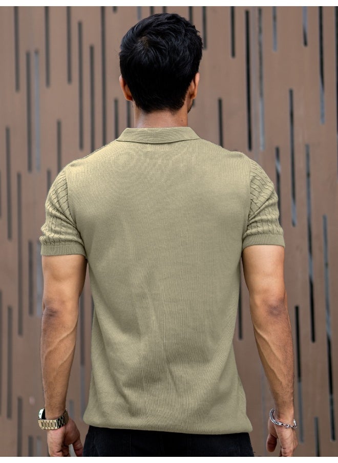 Maniac Mens Light Green Ripple Knit Slim Polo T-Shirt  - Image 5
