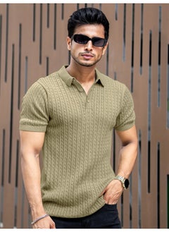 Maniac Mens Light Green Ripple Knit Slim Polo T-Shirt  - Image 4