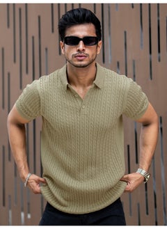 Maniac Mens Light Green Ripple Knit Slim Polo T-Shirt  - Image 3