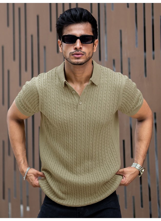 Maniac Mens Light Green Ripple Knit Slim Polo T-Shirt  - Image 3