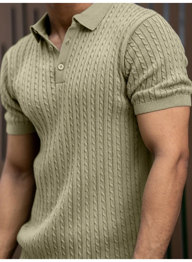 Maniac Mens Light Green Ripple Knit Slim Polo T-Shirt