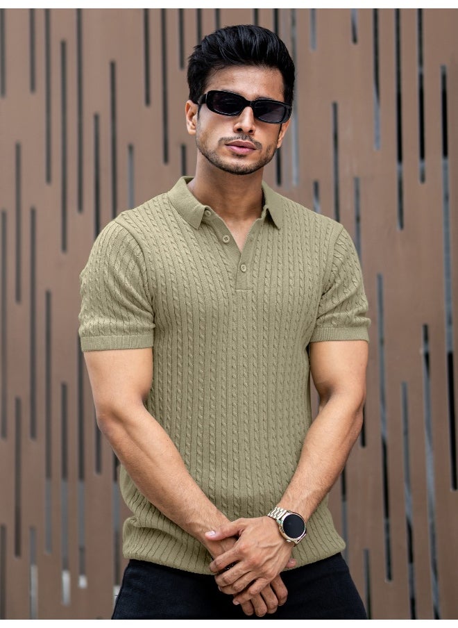 Maniac Mens Light Green Ripple Knit Slim Polo T-Shirt  - Image 1