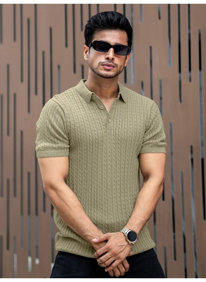 Maniac Mens Light Green Ripple Knit Slim Polo T-Shirt