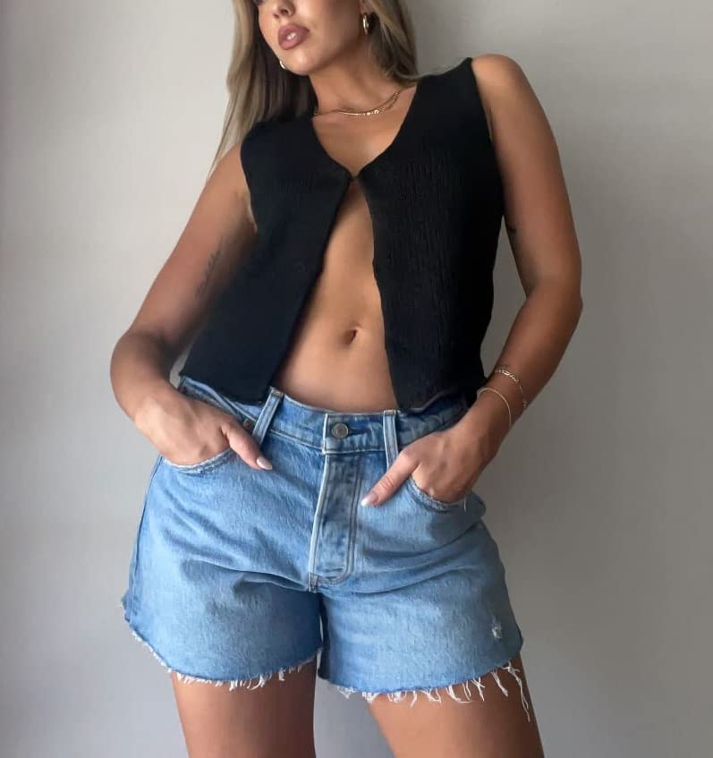Fernvia Women Y2k Crochet Vest Top Vintage Solid Color V Neck Sleeveless Button Down Crop Tops Streetwear (A Black, S) - Image 2