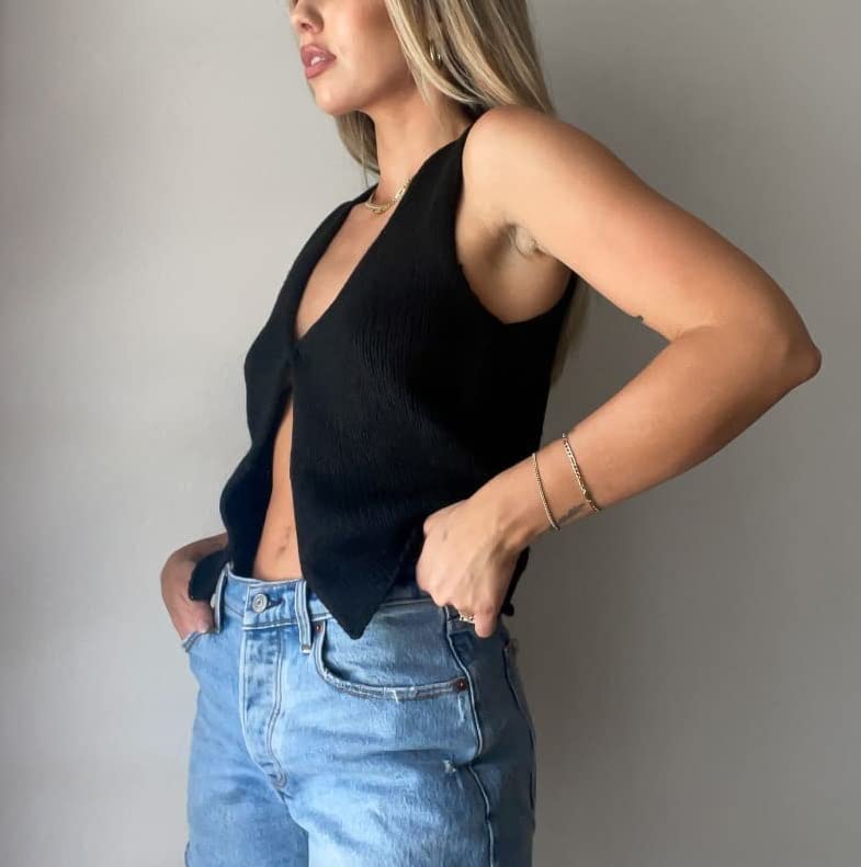 Fernvia Women Y2k Crochet Vest Top Vintage Solid Color V Neck Sleeveless Button Down Crop Tops Streetwear (A Black, S) - Image 3