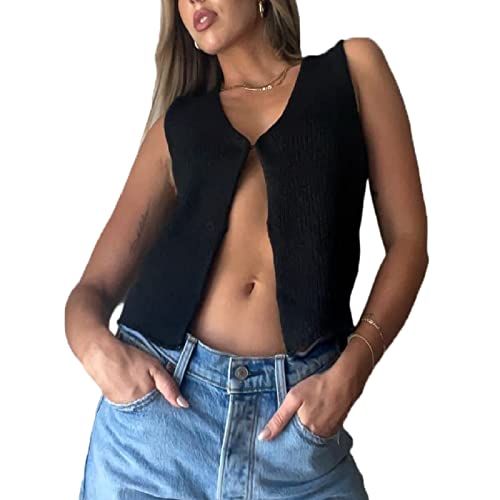 Fernvia Women Y2k Crochet Vest Top Vintage Solid Color V Neck Sleeveless Button Down Crop Tops Streetwear (A Black, S) - Image 1